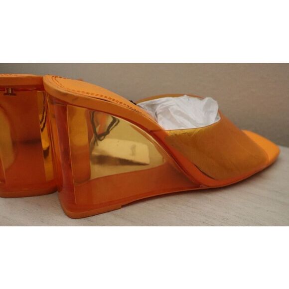 Bershka Women's Sz 9 Bright Orange Clear Detail  Square Toe Wedge Mules - Picture 12 of 12